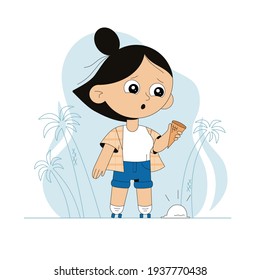 Chibi character on roller skates in a checked shirt and shorts against a background of palm trees, error 404 for website design, Ice cream fell to the ground, upset