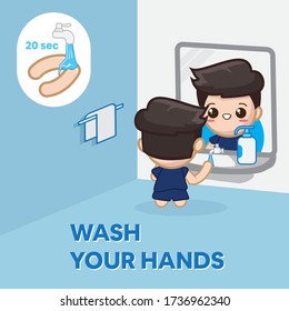 Chibi Character Standing near Mirror in Bathroom and Washing Hands with Soap under running Water. Prevention against Virus and Infection. Chibi character vector illustration.
