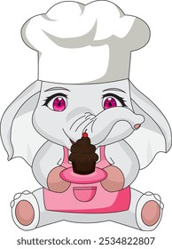 Chibi chef elephant with cupcake elephant character vector