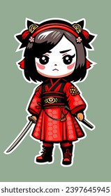 Chibi. Color vector graphics. Girl doll. Japanese character with a katana. Sticker. Icon.