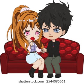 Chibi couple on sofa holding hands vector cute anime character