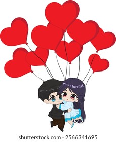 Chibi couple with red balloon valentine vector