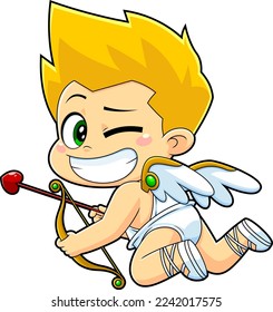 Chibi Cupid Baby Cartoon Character With Bow And Arrow Winking. Vector Hand Drawn Illustration Isolated On Transparent Background