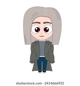 Chibi cute cartoon girl in a coat and blue jeans