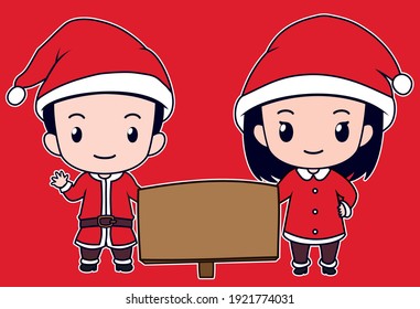 Chibi cute couple on christmas costume holding blank wood sign