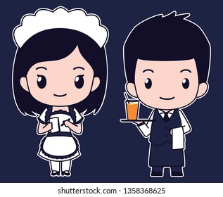 Chibi Cute Flat Vector Boy And Girl Character In Maid And Butler Costume