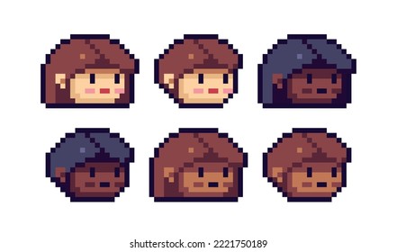 Chibi cute human face pixel art set. Adorable kawaii avatar, male and female head with different skin and hair colors. Game development, mobile app.  Isolated vector illustration.