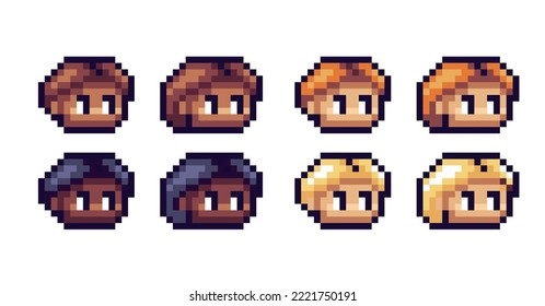 Chibi cute human face pixel art set. Adorable kawaii avatar, male and female head with different skin and hair colors. Game development, mobile app.  Isolated vector illustration.