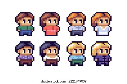 Chibi cute human figure pixel art set. Adorable kawaii character, male and female with different skin and hair colors collection. Game development, mobile app.  Isolated vector illustration.