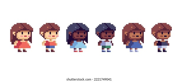 Chibi cute human figure pixel art set. Adorable kawaii character, male and female with different skin and hair colors collection. Game development, mobile app.  Isolated vector illustration.