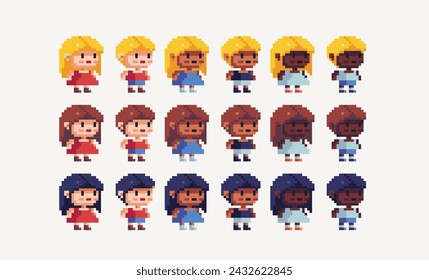 Chibi cute human figure pixel art set. Adorable kawaii character, male and female with different skin and hair colors collection. Game development, mobile app. Isolated vector illustration.