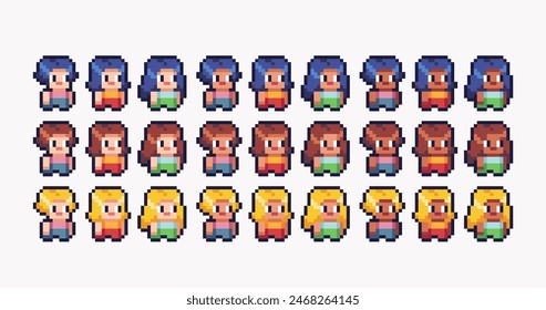 Chibi cute human figure pixel art set. Adorable kawaii character, male and female with different skin and hair colors collection. Game development, mobile app. Isolated vector illustration.