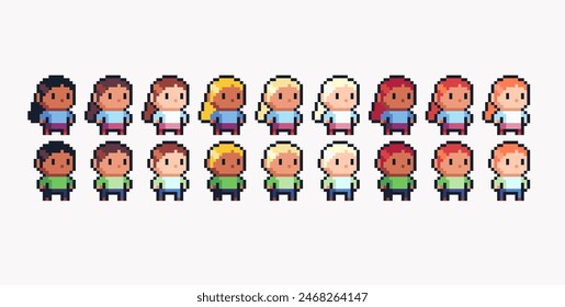 Chibi cute human figure pixel art set. Adorable kawaii character, male and female with different skin and hair colors collection. Game development, mobile app. Isolated vector illustration.