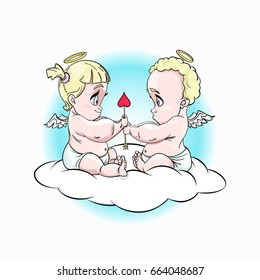 Chibi cute little cipids fall in love. They are sitting on a cloud and holding heart arrow. Sky round background. Stock vector cartoon illustration