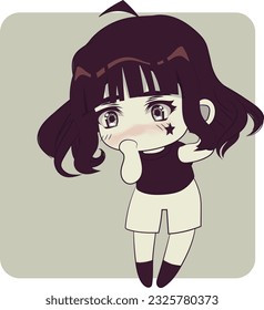 Chibi dark haired girl . Retro style art