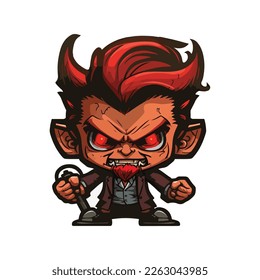 Chibi demon character with red eyes, horns, and goatee, wearing a suit, holding a cane. Perfect for Halloween, gaming, fantasy, evil mascot, vector art. Isolated white background.