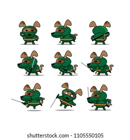 chibi dog character ninja for game and animation with expression and battle pose.