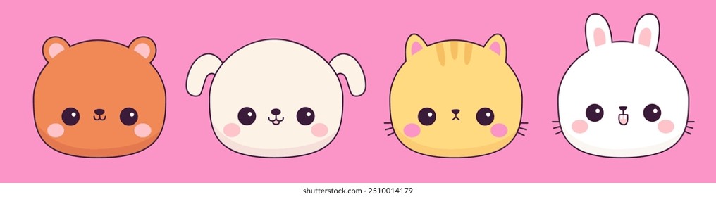 Chibi dog puppy, cat kitten, bunny rabbit, bear icon set line. Round face. Cute cartoon kawaii funny baby animal character. Valentines day. Love card. Sticker print. Flat design Pink background Vector