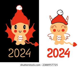 Chibi dragon cartoon character New Year 2024 template collection. Perfect vector illustration for poster, card, banner. Vertical print for decor and design.