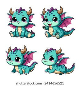 Chibi dragon vectores para ilustración. Conjunto vectorial de dragón corto