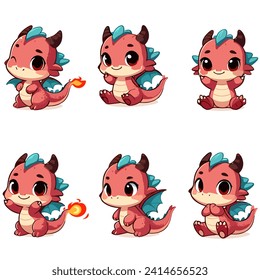 Chibi dragon vectores para ilustración. Conjunto vectorial de dragón corto