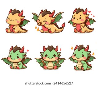 Chibi dragon vectores para ilustración. Conjunto vectorial de dragón corto