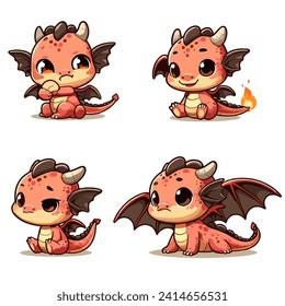 Chibi dragon vectores para ilustración. Conjunto vectorial de dragón corto