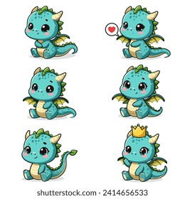 Chibi dragon vectores para ilustración. Conjunto vectorial de dragón corto