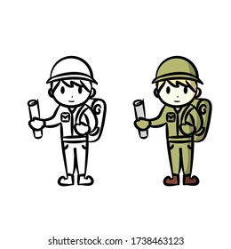 Chibi Explorer hand drawn style illustration, with outlines for children's coloring books