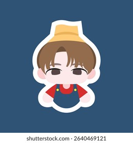 a chibi farmer colored flat illustration cartoon character, featuring a tiny hat and pitchfork, perfect for agriculture and rural designs.