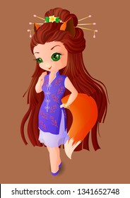 The Chibi Fox girl in a Chinese outfit and big hair.