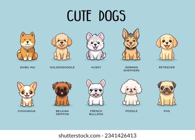 chibi funny cute dogs puppy collection flat colourful illustration svg