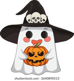 Chibi Ghost With Pumpkin Halloween Vector