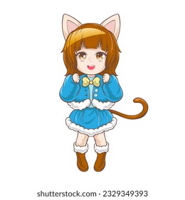 Chibi Girl Anime Cat Costume Vector Illustration