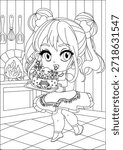 Chibi Girl Baking Cake Coloring Page worksheet Vector