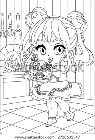 Chibi Girl Baking Cake Coloring Page worksheet Vector