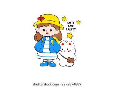 chibi girl with bear illustration vector for kids printing