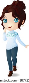 chibi girl with brown hair in a white sweater with a round colored yoke