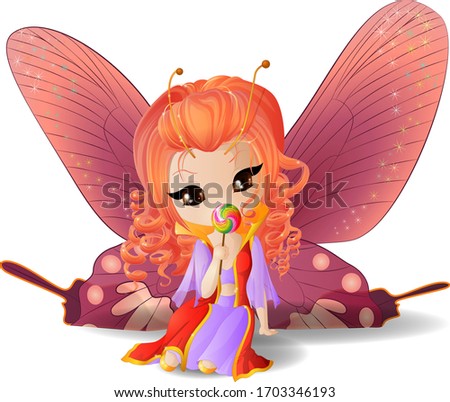 A Chibi girl with butterfly wings eats a round Lollipop on a stick. Vector illustration.