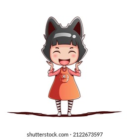 chibi girl character in dress and hair cat style with happy face.