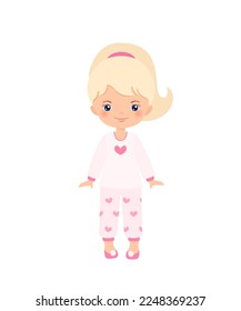 Chibi personaje de chica vestido con pijamas, aislado de fondo blanco. El concepto de la casa de muñecas. Caricatura de estilo plano. Ilustración del vector