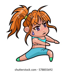 Chibi girl character. Young ginger girl go in for sports. Serious girl in top and leggings is doing lunges. Vector illustration isolated on white background. Anime cartoons and manga comics style.