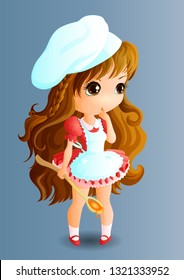 Chibi girl in a chef's hat and apron with a large spoon in her hands.