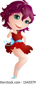 A Chibi girl with crimson hair and a red dress with a blue bow. Vector illustration.