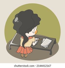 Chica de la teoría haciendo deberes en su escritorio
