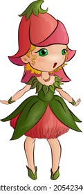 A chibi girl dressed up in a flower dress and a bell hat