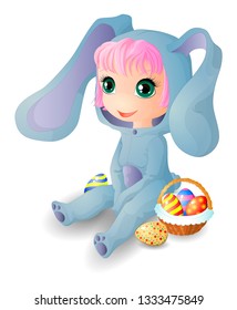 Chibi girl dressed as a hare and with a basket of Easter eggs