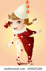 A chibi girl dressed in a two-tone clown costume