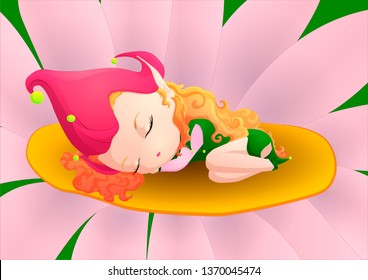 Chibi girl. An elf sleeping in a flower Cup.
