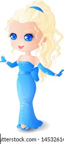 Chibi girl in evening dress, long gloves and jewelry. Isolated vector.